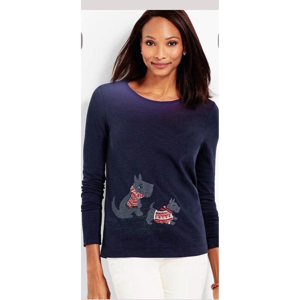 Talbots Womens Long Sleeve Cotton Top Navy Blue Scottie Dogs Size Large